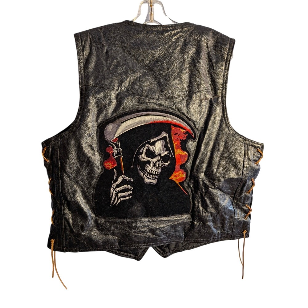 Diamond Plate Mens Grim Reaper Leather Side Laces Biker Vest Black Large RN84256